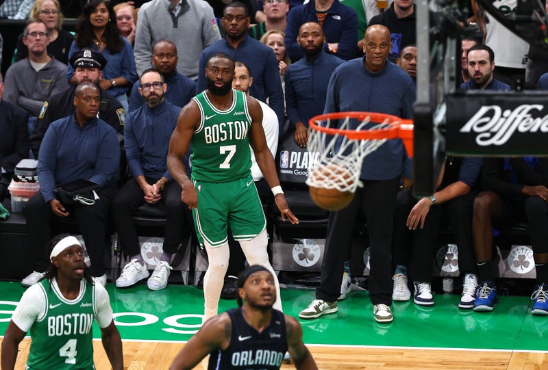  Jaylen Brown #7 of the Boston Celtics watches his shot enter the hoop against the Orlando Magic during the fourth quarter in Game Two of the Eastern Conference First Round NBA Playoffs at TD Garden on April 23, 2025 in Boston, Massachusetts.
