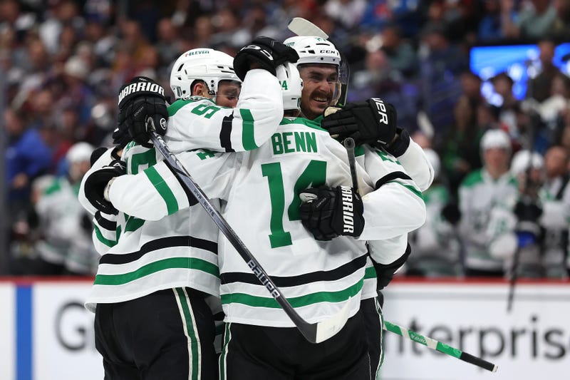 DENVER, COLORADO - APRIL 23: (L-R) Thomas Harley #55, Jamie Benn #14, and Mason Marchment #27 of the Dallas Stars celebrate a goal against the Colorado Avalanche during the third period in Game Three of the First Round of the 2025 Stanley Cup Playoffs at Ball Arena on April 23, 2025 in Denver, Colorado. (Photo by Matthew Stockman/Getty Images)
