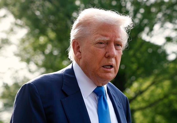 President Donald Trump speaks to the media as he departs the White House on April 25, 2025 in Washington, DC. 