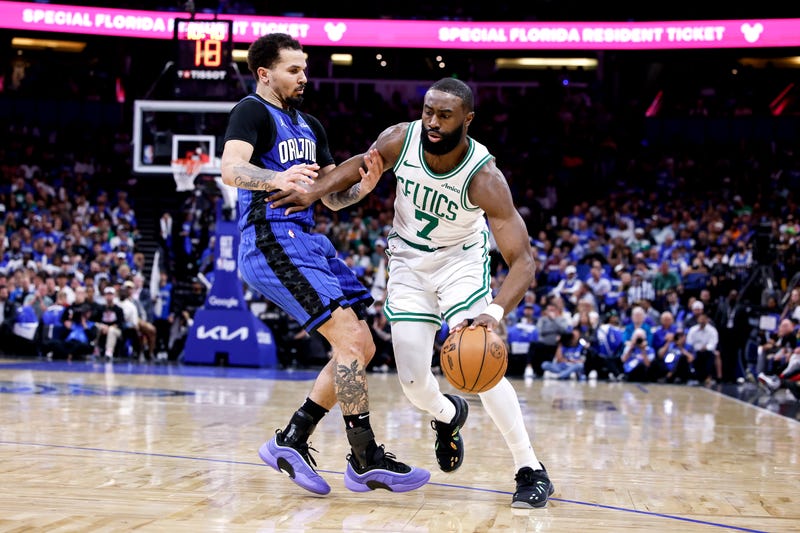 Jaylen Brown #7 of the Boston Celtics is defended by Cole Anthony #50 of the Orlando Magic during the first half in Game 3 of the first round of the 2025 NBA Playoffs at the Kia Center on April 25, 2025 in Orlando, Florida. The Magic defeated the Celtics 95 to 93.
