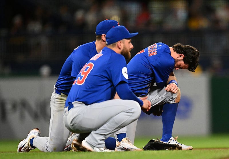 Dansby Swanson #7 and Michael Busch #29 of the Chicago Cubs look on after a fan fell from the stands during the seventh inning against the Pittsburgh Pirates at PNC Park 