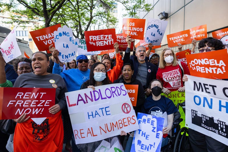 Protesters against rent increases rally before the annual preliminary vote of the Rent Guidelines Board at the LaGuardia Performing Arts Center in Queens on April 30, 2025