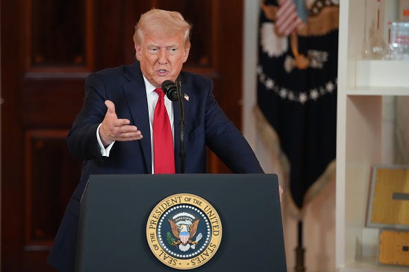 President Donald Trump speaks in the Cross Hall of the White House during an event on "Investing in America" on April 30, 2025 in Washington, DC. Trump was joined by CEOs to highlight their companies during the event.