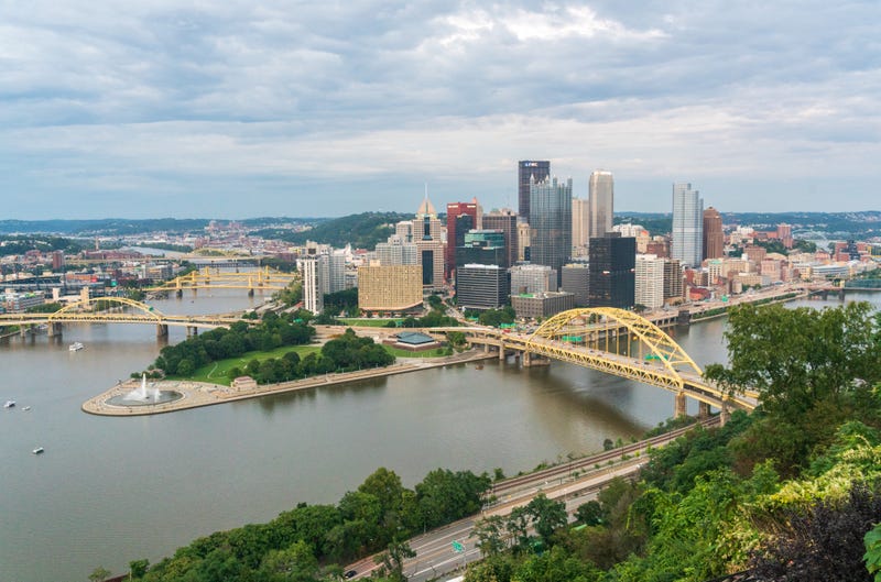 View of Pittsburgh and the Roberto Clemente Bridge also known at the Sixth Street Bridge