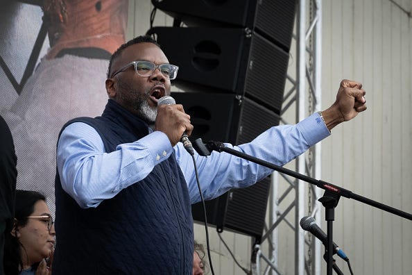 Chicago Mayor Brandon Johnson speaks to demonstrators in Grant Park who were protesting the policies of President Donald Trump and showing their support for union labor on May 01, 2025 in Chicago, Illinois. The demonstration was one of more than a thousand scheduled to take place around the country today. (Photo by Scott Olson/Getty Images)