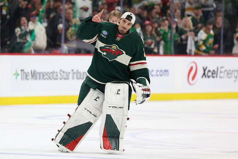 Marc-Andre Fleury #29 of the Minnesota Wild reacts after losing to the Vegas Golden Knights 3-2 in Game Six of the First Round of the 2025 Stanley Cup Playoffs at Xcel Energy Center on May 01, 2025 in St Paul, Minnesota. 