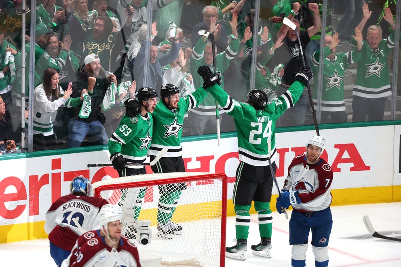 DALLAS, TEXAS - MAY 03: Wyatt Johnston #53 of the Dallas Stars is congratulated by Matt Duchene #95 and Roope Hintz #24 after scoring a goal past Mackenzie Blackwood #39 of the Colorado Avalanche during the third period in Game Seven of the First Round of the 2025 Stanley Cup Playoffs at American Airlines Center on May 03, 2025 in Dallas, Texas. (Photo by Richard Rodriguez/Getty Images)