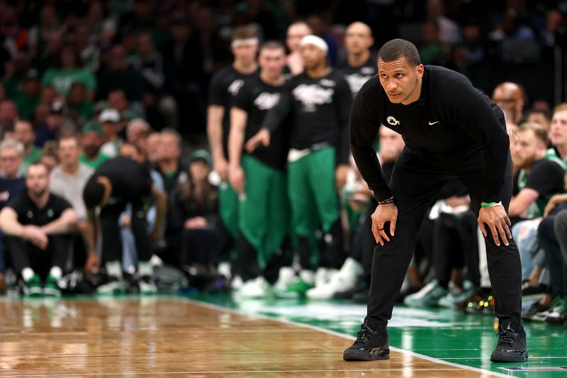 Head coach Joe Mazzulla of the Boston Celtics looks on against the New York Knicks during the third quarter in Game One of the Eastern Conference Second Round NBA Playoffs at TD Garden on May 05, 2025 in Boston, Massachusetts.