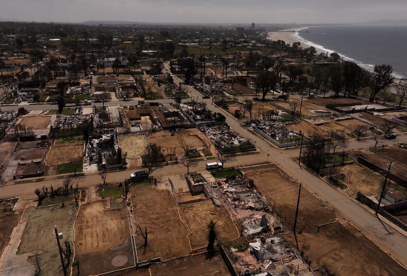 An aerial view of a neighborhood destroyed by the Palisades Fire on May 07, 2025 in Pacific Palisades, California. 