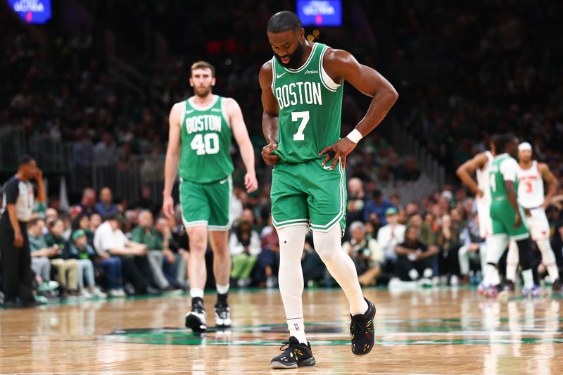 Jaylen Brown #7 of the Boston Celtics reacts during the second quarter against the New York Knicks in Game Two of the Eastern Conference Second Round NBA Playoffs at TD Garden on May 07, 2025 in Boston, Massachusetts.