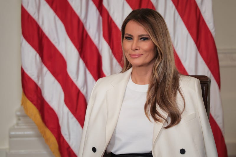 First lady Melania Trump looks on during the unveiling of a U.S. Postal Service stamp honoring former first lady Barbara Bush in the East Room at the White House on May 08, 2025 in Washington, DC