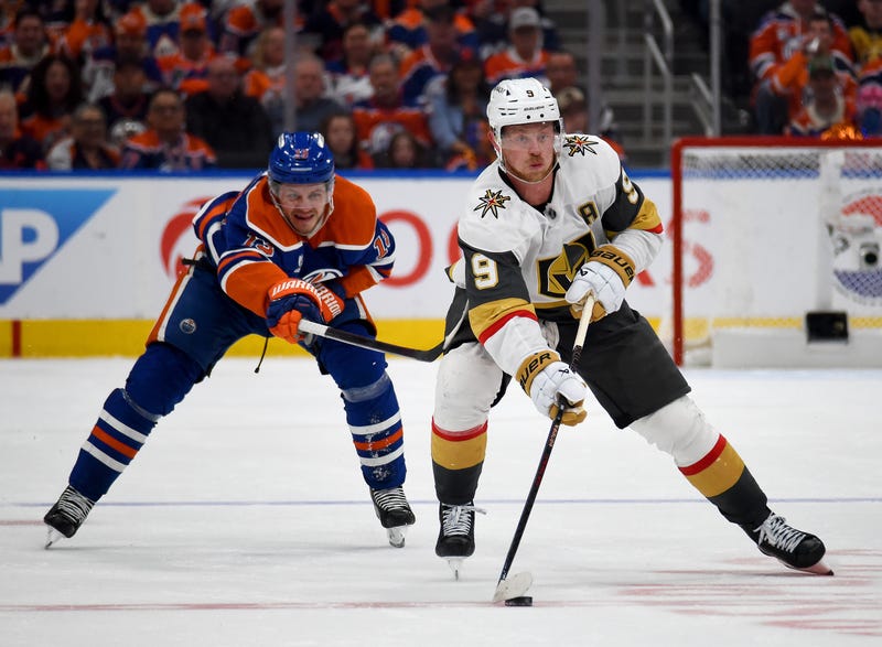 ack Eichel #9 of the Vegas Golden Knights skates to evade Mattias Janmark #13 of the Edmonton Oilers during the third period of Game Four of the Second Round of the 2025 Stanley Cup Playoffs at Rogers Place on May 12, 2025, in Edmonton, Alberta, Canada. 