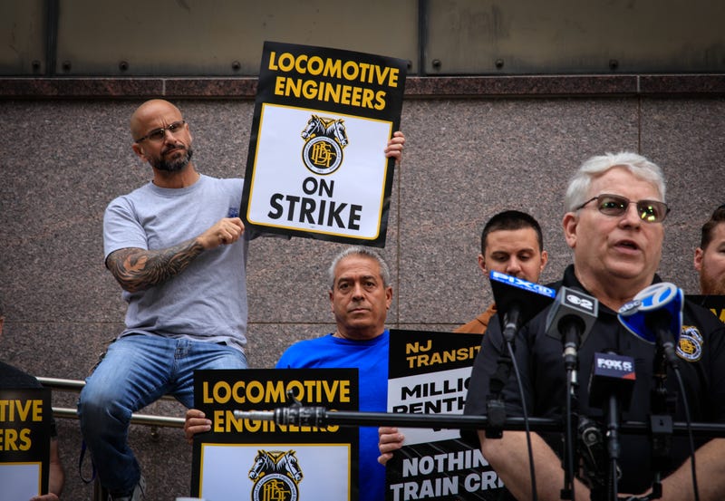 James P. Louis, vice president of the Brotherhood of Locomotive Engineers and Trainmen, speaks to members of the media as they take part during a Strike outside NJ Transit's Headquarters on May 16, 2025 in Newark