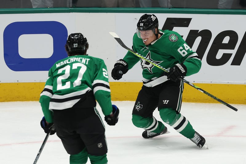 DALLAS, TEXAS - MAY 13: Mikael Granlund #64 of the Dallas Stars celebrates with Mason Marchment #27 after scoring his third goal of the game against the Winnipeg Jets during the third period of Game Four of the Second Round in the 2025 Stanley Cup Playoffs at American Airlines Center on May 13, 2025 in Dallas, Texas. (Photo by Sam Hodde/Getty Images)