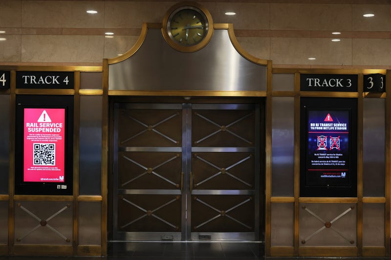 "Rail Service Suspended" messages are displayed outside of a track in the NJ Transit Station at Penn Station on May 16, 2025 in New York