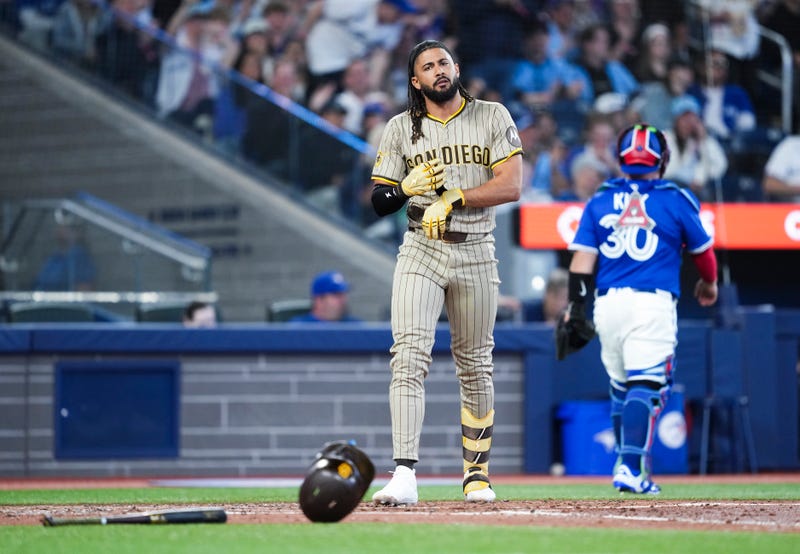 Fernando Tatis Jr. #23 of the San Diego Padres reacts after striking out against the San Diego Padres in the fifth inning at the Rogers Centre on May 20, 2025 in Toronto, Ontario, Canada. 
