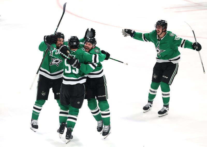 DALLAS, TEXAS - MAY 17: Thomas Harley #55 of the Dallas Stars celebrates with Cody Ceci #44, Tyler Seguin #91 and Mason Marchment #27 after scoring the game winning goal in overtime to win Game Six of the Second Round of the 2025 Stanley Cup Playoffs at American Airlines Center on May 17, 2025 in Dallas, Texas. (Photo by Sam Hodde/Getty Images)