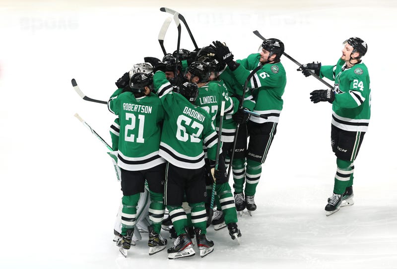 DALLAS, TEXAS - MAY 17: The Dallas Stars celebrate after defeating the Winnipeg Jets in overtime to win Game Six of the Second Round of the 2025 Stanley Cup Playoffs at American Airlines Center on May 17, 2025 in Dallas, Texas. (Photo by Sam Hodde/Getty Images)