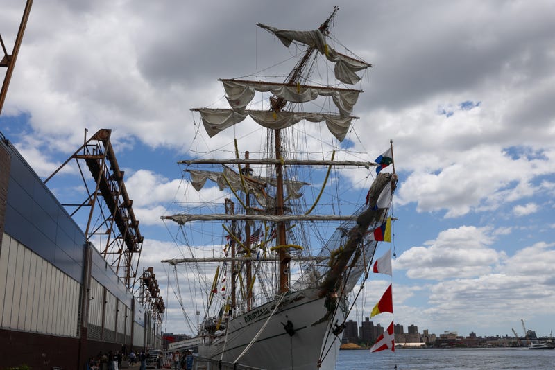 The damaged masts of the Cuauhtémoc, a Mexican Navy training ship that crashed into the Brooklyn Bridge, are seen as it sits docked at Pier 36 in lower Manhattan on May 18, 2025