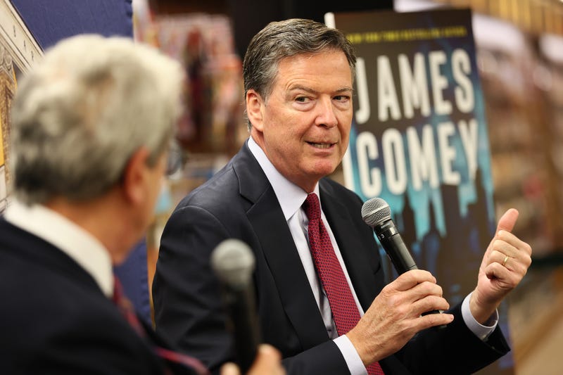 Investigative Journalist Richard Esposito and Author James Comey, former FBI Director, speak at the Barnes & Noble Upper West Side on May 19, 2025 in New York City. 