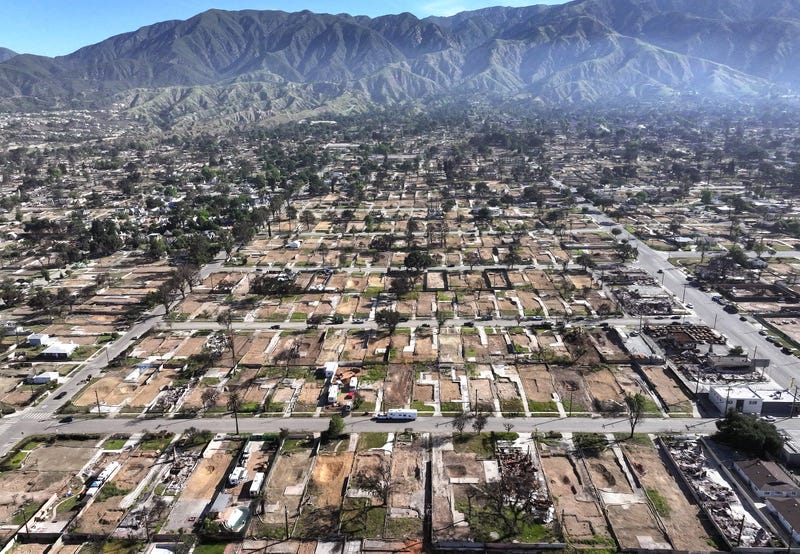 An aerial view of properties cleared of wildfire debris which were burned in the Eaton Fire on May 22, 2025 in Altadena, California.