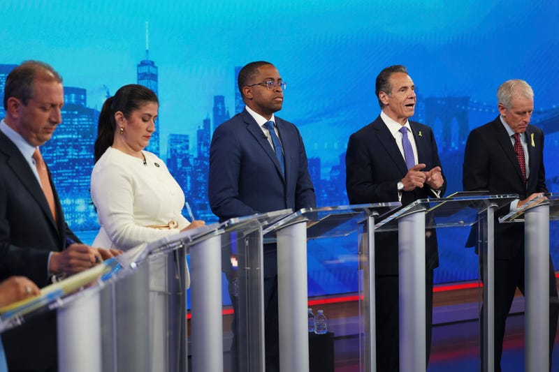 Andrew Cuomo, second from right, speaks in the New York City Democratic Mayoral Primary Debate at NBC Studios on June 4, 2025