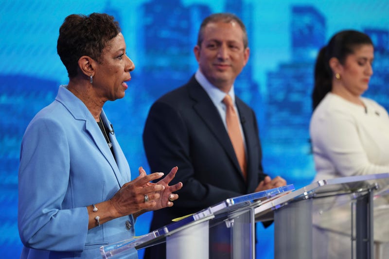 Democratic mayoral candidate Adrienne Adams speaks alongside Brad Lander, center, and Jessica Ramos, in the New York City Democratic Mayoral Primary Debate at NBC Studios on June 4, 2025