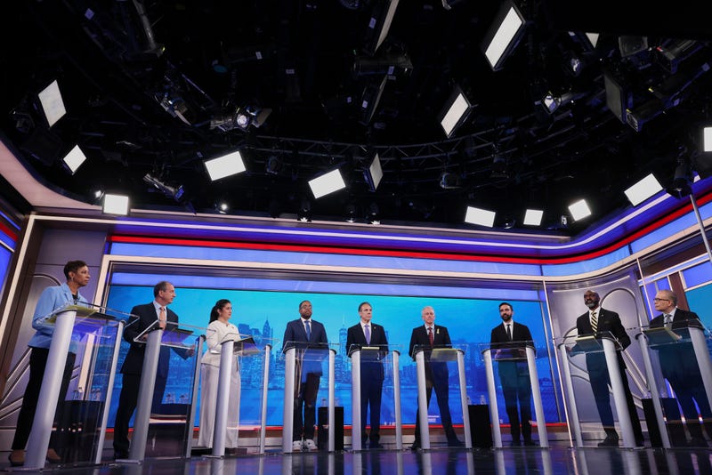 From left, Democratic mayoral candidates Adrienne Adams, Brad Lander, Jessica Ramos, Zellnor Myrie, Andrew Cuomo, Whitney Tilson, Zohran Mamdani, Michael Blake and Scott Stringer participate in the New York City Democratic Mayoral Primary Debate at NBC Studios on June 4, 2025