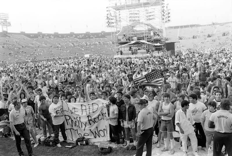 The crowd at Live Aid at JFK Stadium in Philadelphia, Pennsylvania, on July 13, 1985. 