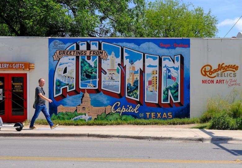 The “Greetings from Austin” postcard mural in South Congress, Austin, TX