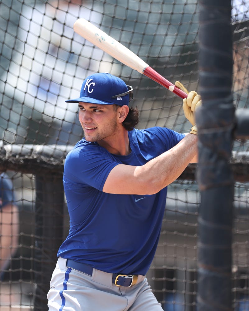 Jac Caglianone #14 of the Kansas City Royals takes batting practice before a game against the Chicago White Sox at Rate Field on June 7, 2025 in Chicago, Illinois.