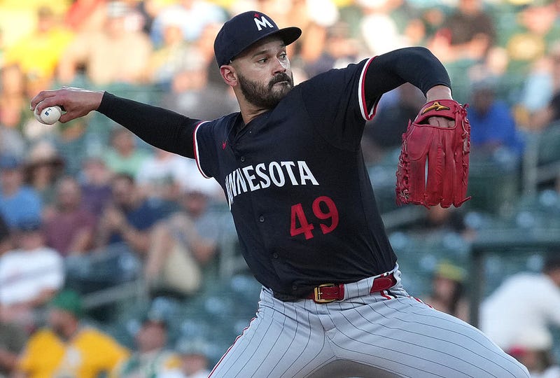 Pablo López #49 of the Minnesota Twins pitches against the Athletics in the bottom of the first inning at Sutter Health Park on June 03, 2025 in Sacramento, California. López is now off to the injured list and likely out 2-3 months.