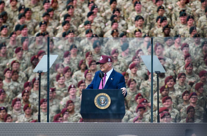 FORT BRAGG, NORTH CAROLINA - JUNE 10: U.S. President Donald Trump speaks during a rally with thousands of U.S. Army troops on June 10, 2025 at Fort Bragg, North Carolina. Trump traveled to Fort Bragg Army base to observe a military demonstration and give remarks in honor of the U.S. Army’s 250th anniversary. (Photo by Melissa Sue Gerrits/Getty Images)