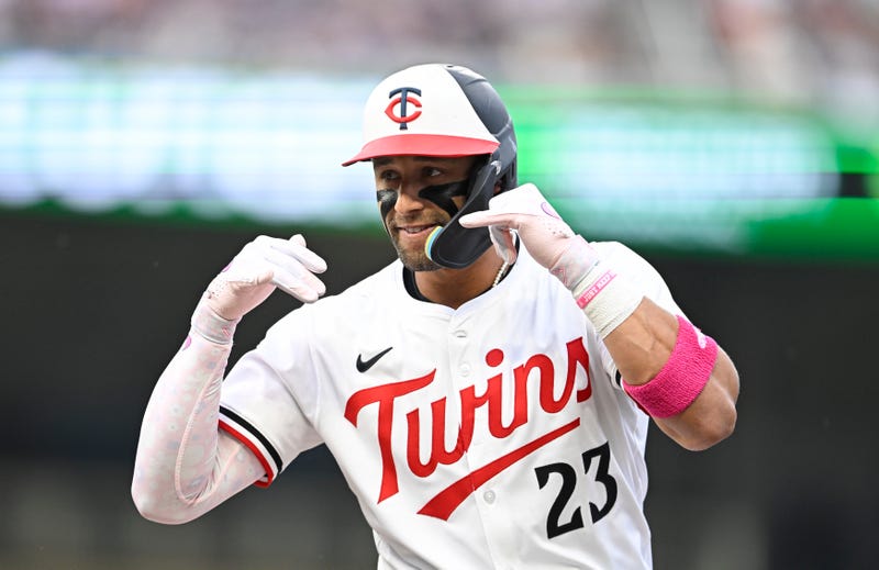 Royce Lewis #23 of the Minnesota Twins celebrates after hitting an RBI single against the Texas Rangers in the fourth inning of the game at Target Field on June 10, 2025 in Minneapolis, Minnesota.