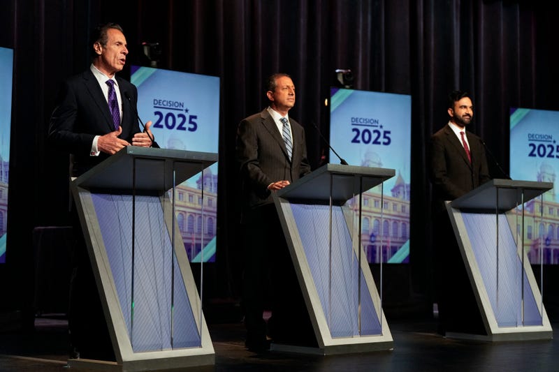 Democratic mayoral candidates (L/R) former Gov. Andrew Cuomo, city Comptroller Brad Lander and state Assemblymember Zohran Mamdani participate in the New York City Democratic Mayoral Primary Debate at the John Jay College of Criminal Justice in the Gerald W. Lynch Theater on June 12, 2025
