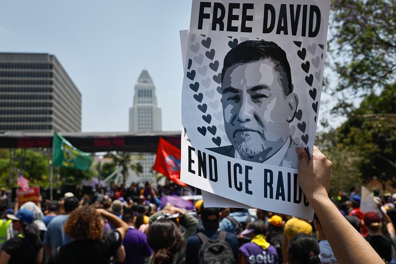Union members and supporters rally in Grand Park calling for the release of union leader David Huerta, who was arrested during an immigration enforcement action on June 9, 2025 in Los Angeles, California.