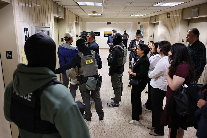 Observers watch as federal agents detain an individual in the halls of immigration court at the Jacob K. Javitz Federal Building on June 10, 2025 in New York City.