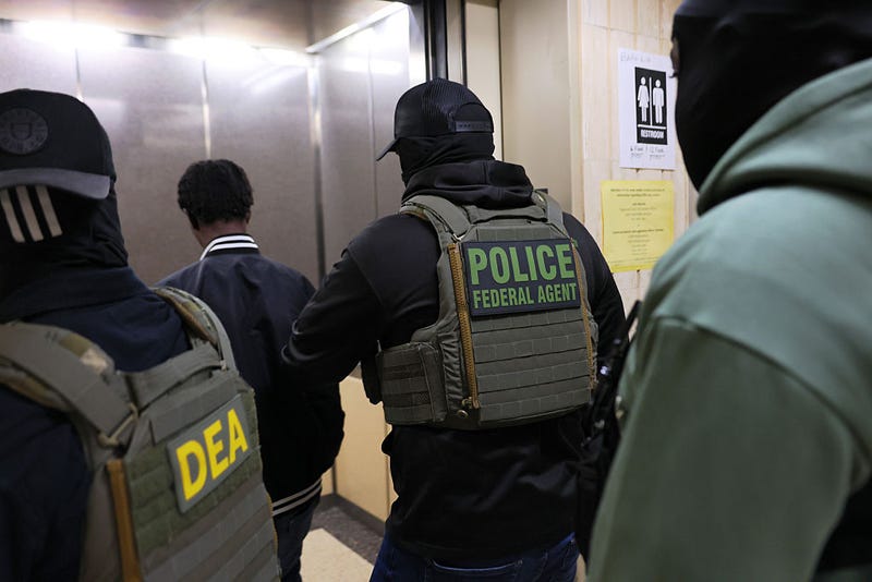 Federal agents detain an individual after his hearing in immigration court at the Jacob K. Javitz Federal Building on June 10, 2025 in New York City.