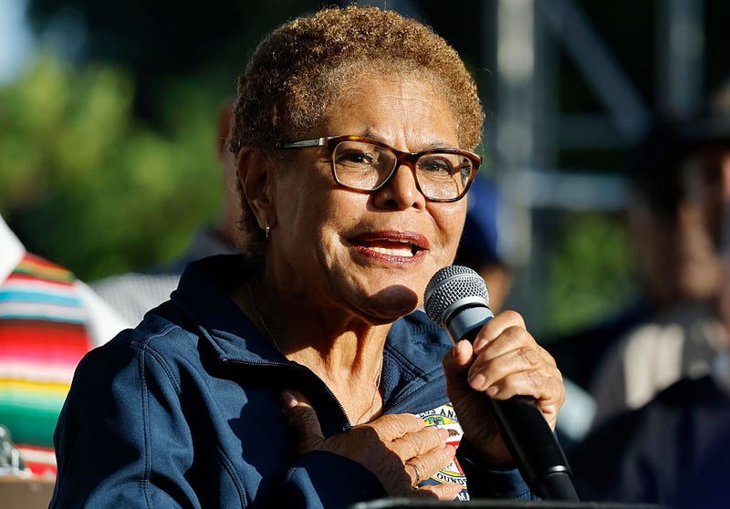 Los Angeles Mayor Karen Bass speaks at a candlelight vigil on June 10, 2025 in Los Angeles, California.