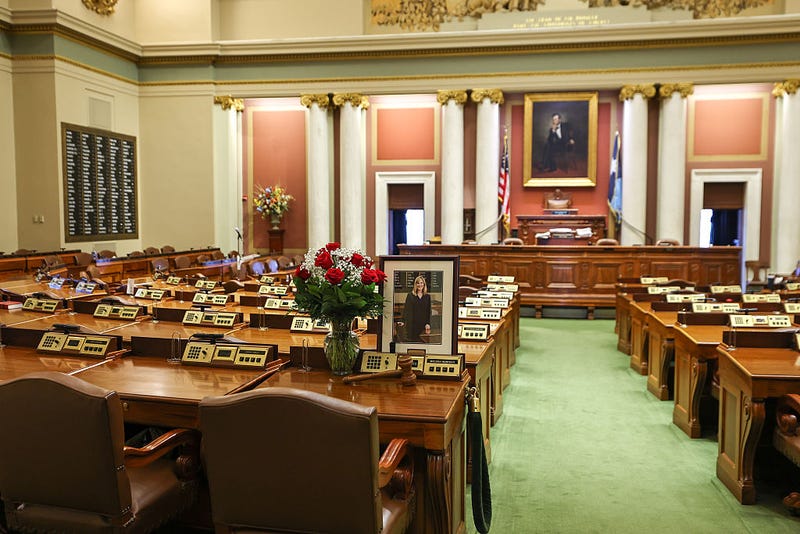 A memorial is seen on the desk of DFL State Rep. Melissa Hortman in the House chambers at the Minnesota State Capitol on June 16, 2025 in St. Paul, Minnesota. 