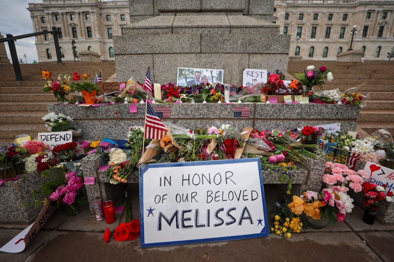 A makeshift memorial for DFL State Rep. Melissa Hortman and her husband Mark Hortman is seen at the Minnesota State Capitol building on June 16, 2025 in St. Paul, Minnesota.