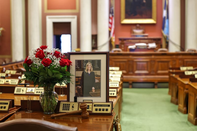 A memorial is seen on the desk of DFL State Rep. Melissa Hortman in the House chambers at the Minnesota State Capitol on June 16, 2025 in St. Paul, Minnesota. 