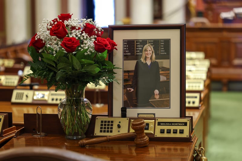 A memorial is seen on the desk of DFL State Rep. Melissa Hortman in the House chambers at the Minnesota State Capitol on June 16, 2025 in St. Paul, Minnesota.