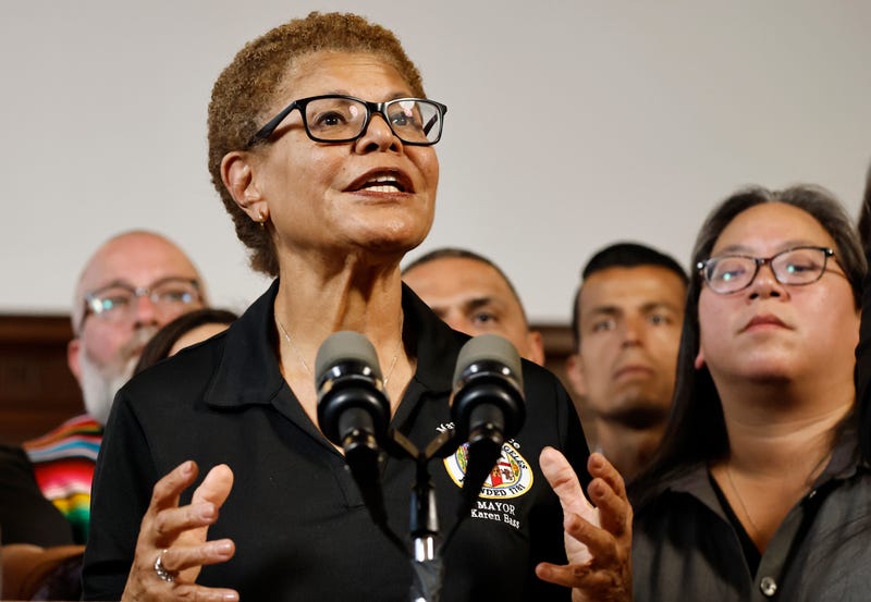  Los Angeles Mayor Karen Bass speaks at a press conference with civic leaders and members of the immigrant community on June 12, 2025 in Los Angeles, California. 