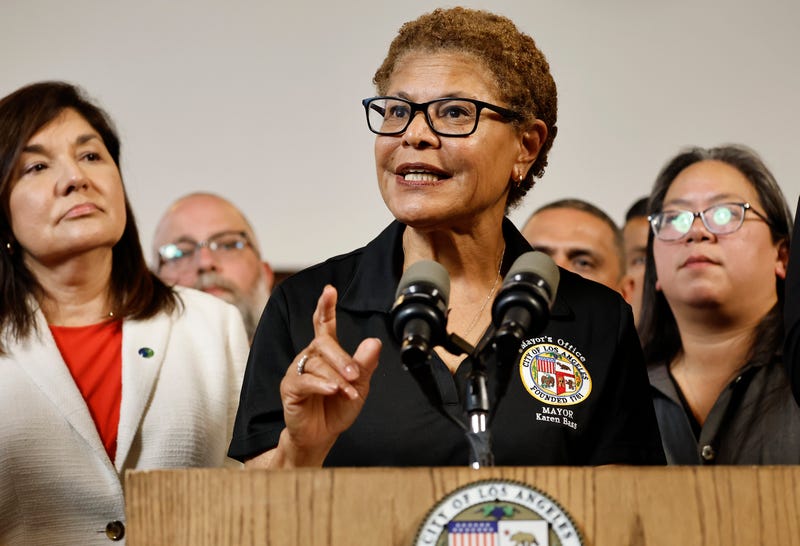 Los Angeles Mayor Karen Bass speaks at a press conference with civic leaders and members of the immigrant community on June 12, 2025 in Los Angeles, California.