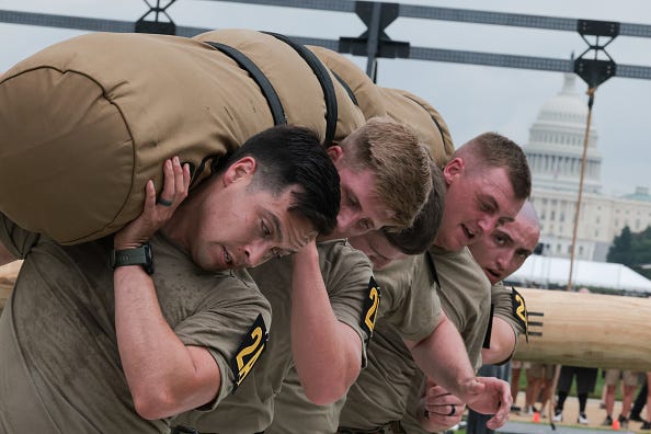Soldiers take part in an Army fitness competition on the National Mall as part of the Army's 250th anniversary festivities on June 14, 2025 in Washington, DC. The U.S. Army is marking its 250th anniversary with a military parade along Constitution Avenue that includes roughly 6,600 troops, 150 vehicles, and over 50 aircraft. The parade, which coincides with President Donald Trump's 79th birthday, is designed to tell the history of the Army. (Photo by Kayla Bartkowski/Getty Images)