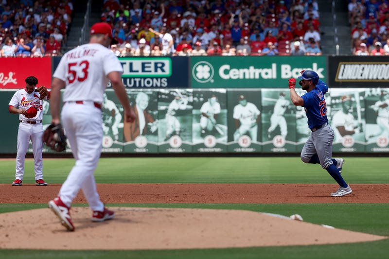 Michael Busch #29 of the Chicago Cubs runs the bases after hitting a solo home run off Andre Pallante during the second inning at Busch Stadium on June 26, 2025 in St Louis, Missouri.