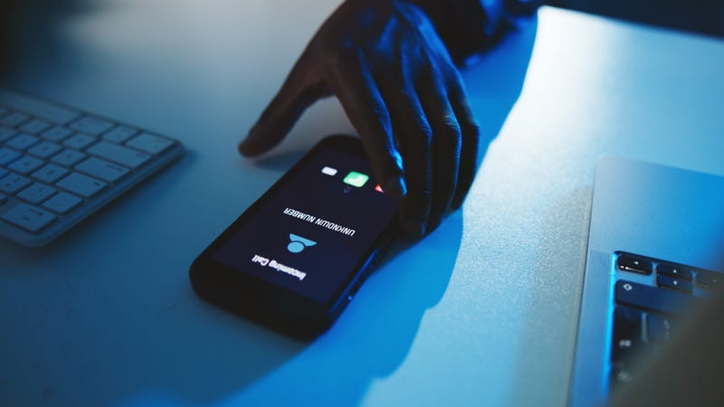 A mobile phone receives an incoming call with an unknown number.