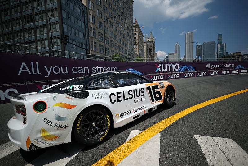  AJ Allmendinger, driver of the #16 Celsius Chevrolet, drives during practice for the NASCAR Cup Series Grant Park 165 at Chicago Street Course on July 05, 2025 in Chicago, Illinois. 
