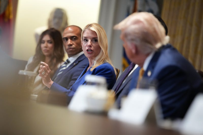 U.S. President Donald Trump (R) listens as Attorney General Pam Bondi (2nd R) speaks during a Cabinet Meeting at the White House on July 08, 2025 in Washington, DC.